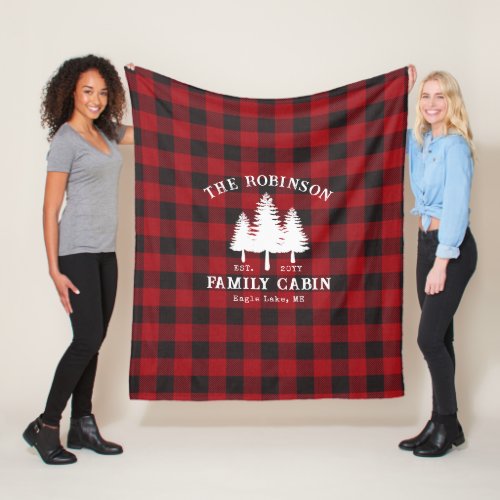 Rustic Country Family Cabin Tree Red Buffalo Plaid Fleece Blanket
