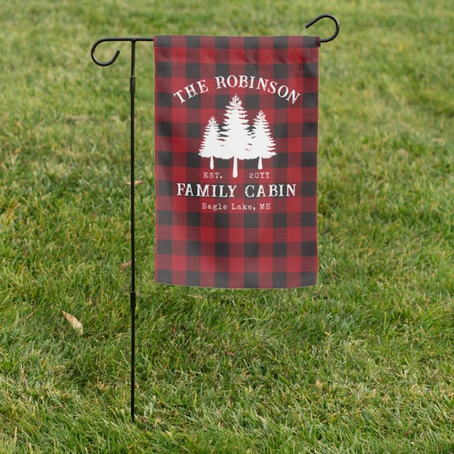 Rustic Country Family Cabin Tree Red Buffalo Plaid Garden Flag (In SItu)