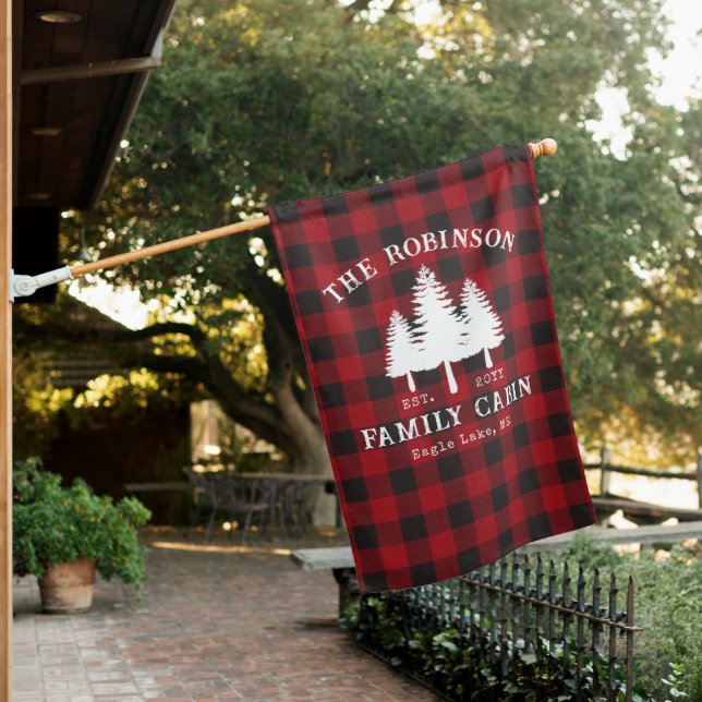 Rustic Country Family Cabin Tree Red Buffalo Plaid House Flag (In SItu)
