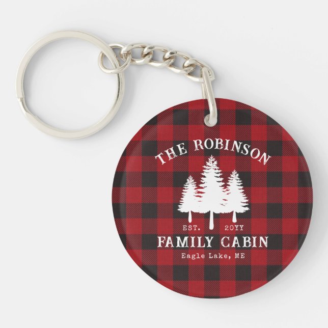 Rustic Country Family Cabin Tree Red Buffalo Plaid Keychain (Front)