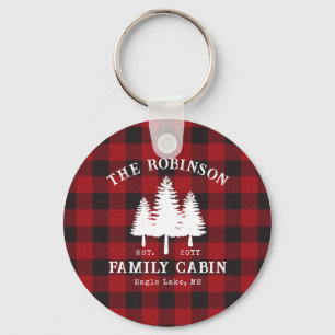 Rustic Country Family Cabin Tree Red Buffalo Plaid Keychain