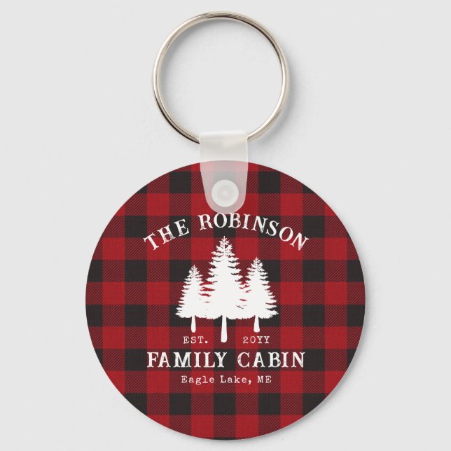 Rustic Country Family Cabin Tree Red Buffalo Plaid Keychain (Front)