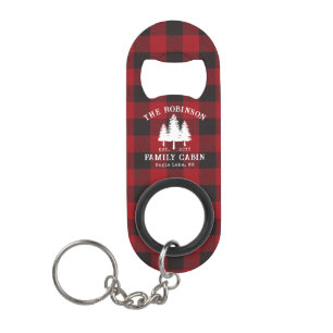 Rustic Country Family Cabin Tree Red Buffalo Plaid Keychain Bottle Opener