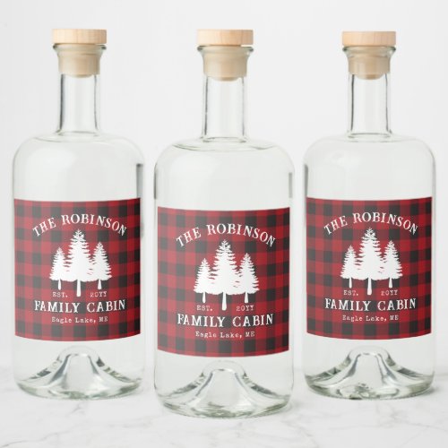 Rustic Country Family Cabin Tree Red Buffalo Plaid Liquor Bottle Label