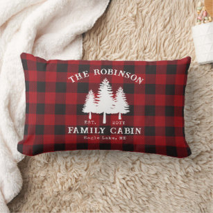 Rustic Country Family Cabin Tree Red Buffalo Plaid Lumbar Pillow