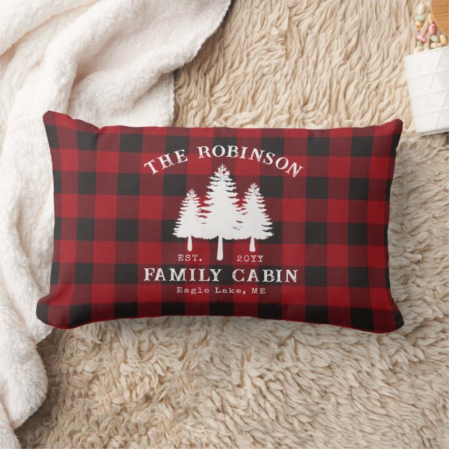 Rustic Country Family Cabin Tree Red Buffalo Plaid Lumbar Pillow (Blanket)