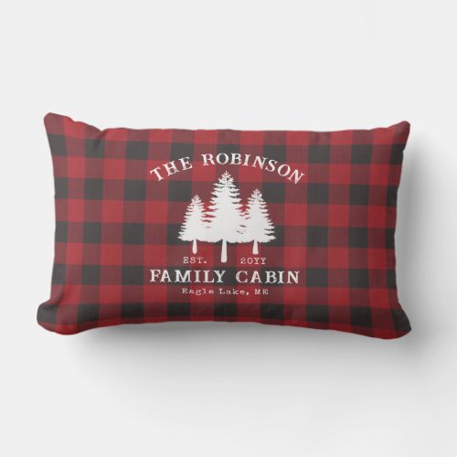 Rustic Country Family Cabin Tree Red Buffalo Plaid Lumbar Pillow
