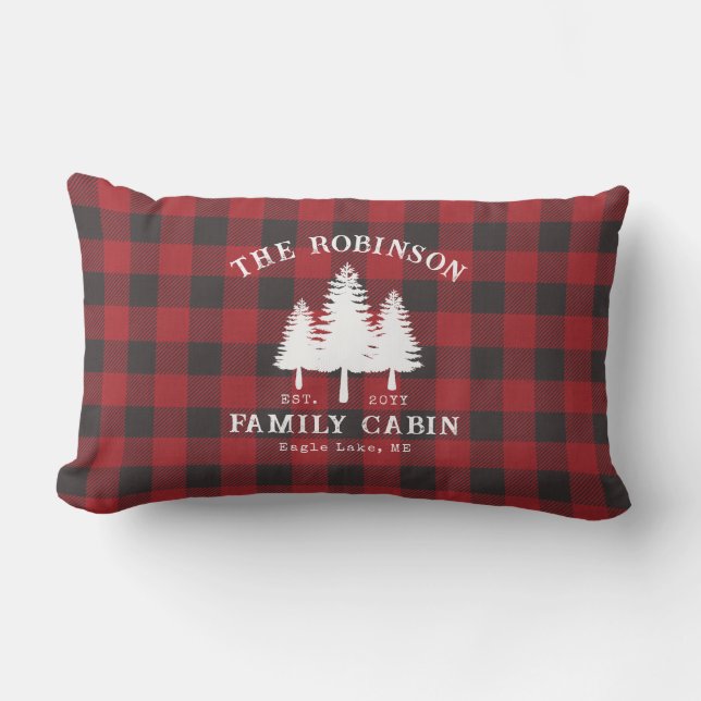 Rustic Country Family Cabin Tree Red Buffalo Plaid Lumbar Pillow (Front)