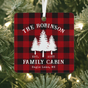 Rustic Country Family Cabin Tree Red Buffalo Plaid Metal Ornament