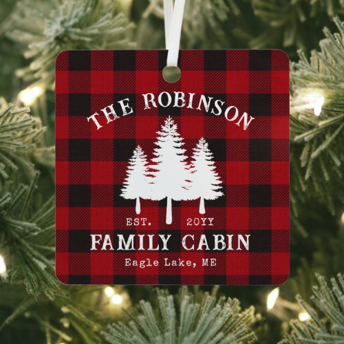 Rustic Country Family Cabin Tree Red Buffalo Plaid Metal Ornament