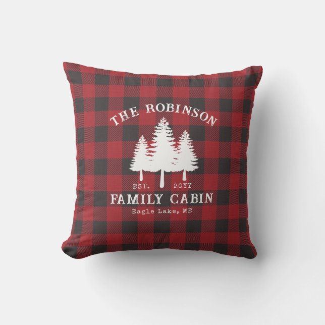 Rustic Country Family Cabin Tree Red Buffalo Plaid Outdoor Pillow (Front)