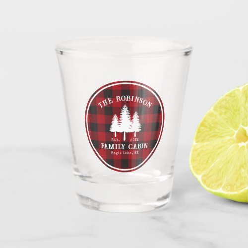 Rustic Country Family Cabin Tree Red Buffalo Plaid Shot Glass