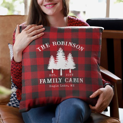 Rustic Country Family Cabin Tree Red Buffalo Plaid Throw Pillow