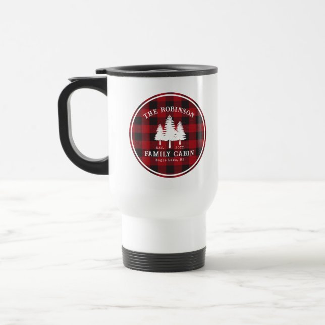Rustic Country Family Cabin Tree Red Buffalo Plaid Travel Mug (Left)