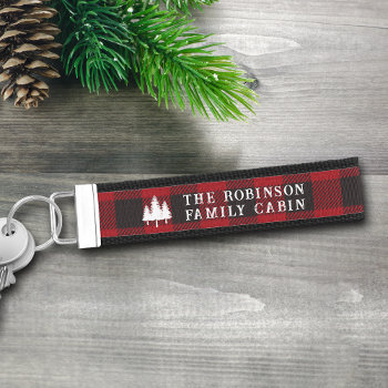 Rustic Country Family Cabin Tree Red Buffalo Plaid Wrist Keychain by rustic_charm at Zazzle