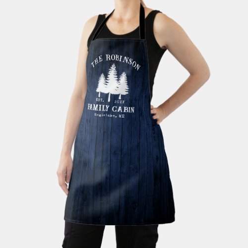 Rustic Country Family Cabin Trees Blue Wood Print Apron