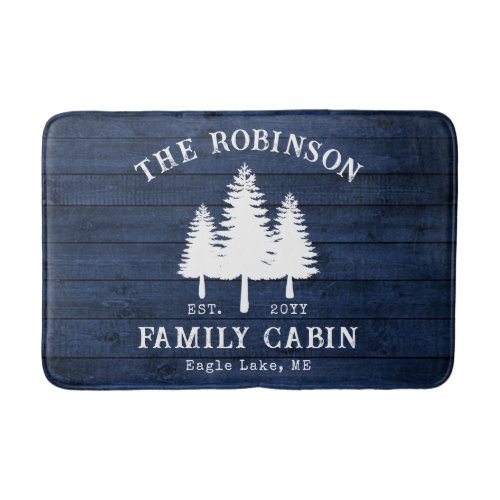 Rustic Country Family Cabin Trees Blue Wood Print Bath Mat