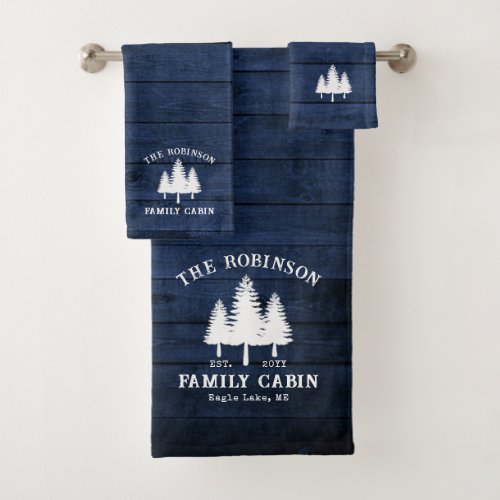 Rustic Country Family Cabin Trees Blue Wood Print Bath Towel Set