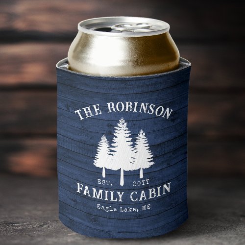 Rustic Country Family Cabin Trees Blue Wood Print Can Cooler