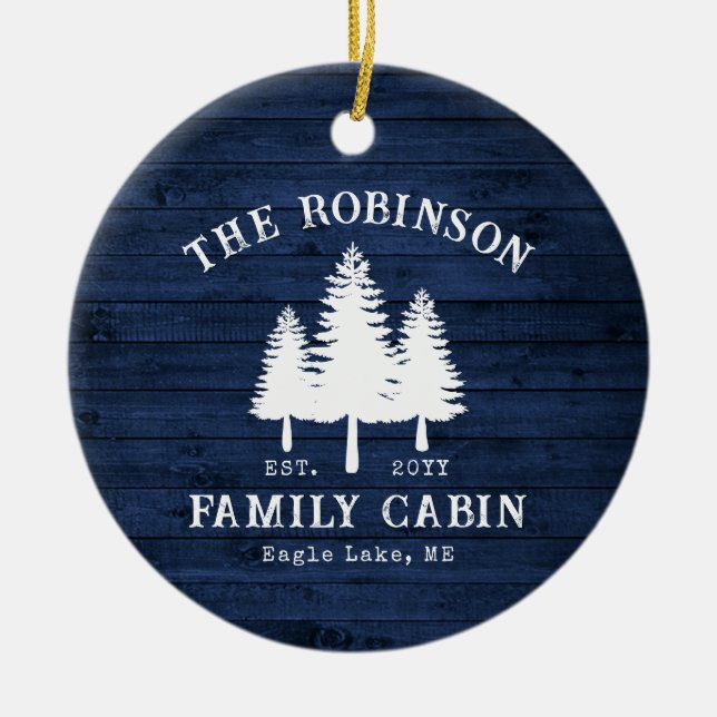 Rustic Country Family Cabin Trees Blue Wood Print Ceramic Ornament (Front)