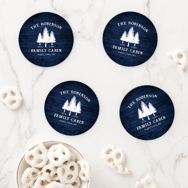 Rustic Country Family Cabin Trees Blue Wood Print Coaster Set (In Situ)