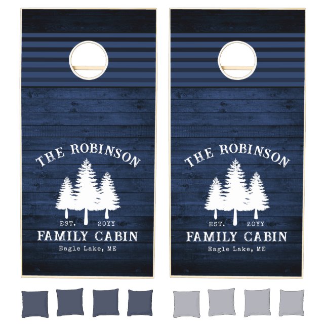 Rustic Country Family Cabin Trees Blue Wood Print Cornhole Set (Set)