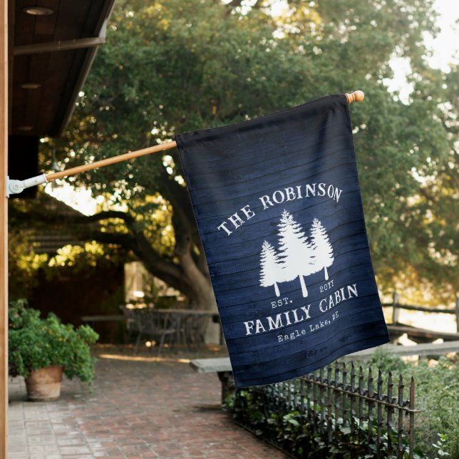 Rustic Country Family Cabin Trees Blue Wood Print House Flag (In SItu)