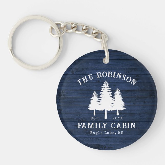 Rustic Country Family Cabin Trees Blue Wood Print Keychain (Front)