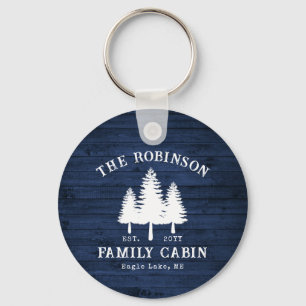 Rustic Country Family Cabin Trees Blue Wood Print Keychain