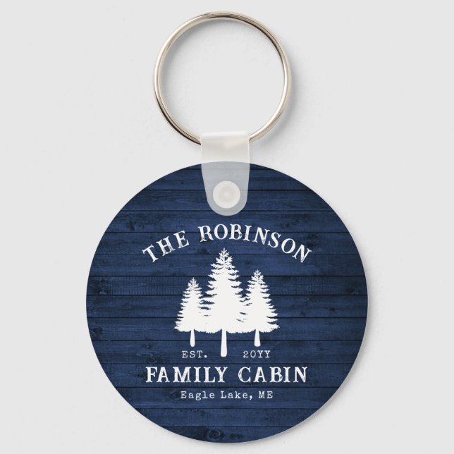 Rustic Country Family Cabin Trees Blue Wood Print Keychain (Front)
