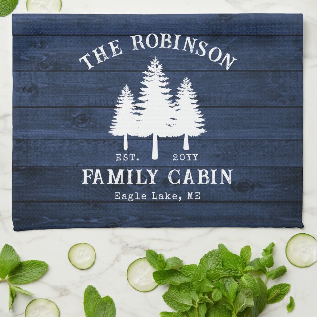 Rustic Country Family Cabin Trees Blue Wood Print Kitchen Towel (Folded)
