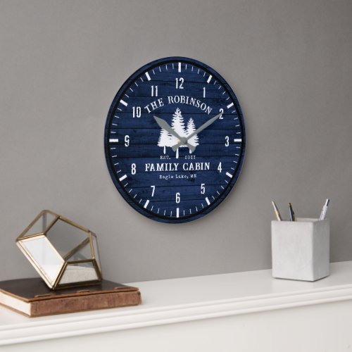 Rustic Country Family Cabin Trees Blue Wood Print Large Clock