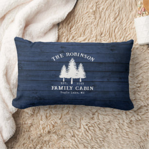 Rustic Country Family Cabin Trees Blue Wood Print Lumbar Pillow