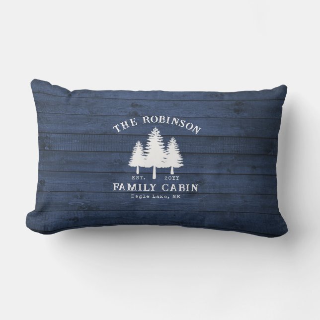 Rustic Country Family Cabin Trees Blue Wood Print Lumbar Pillow (Front)