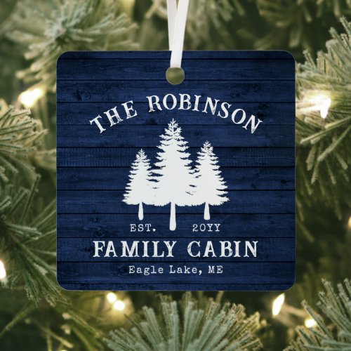 Rustic Country Family Cabin Trees Blue Wood Print Metal Ornament