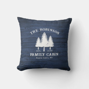 Rustic Country Family Cabin Trees Blue Wood Print Outdoor Pillow