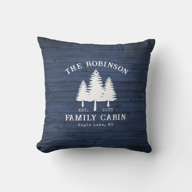 Rustic Country Family Cabin Trees Blue Wood Print Outdoor Pillow (Front)