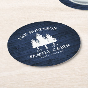 Rustic Country Family Cabin Trees Blue Wood Print Round Paper Coaster