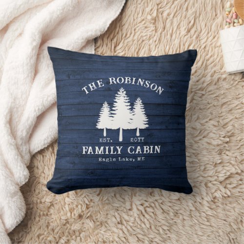 Rustic Country Family Cabin Trees Blue Wood Print Throw Pillow