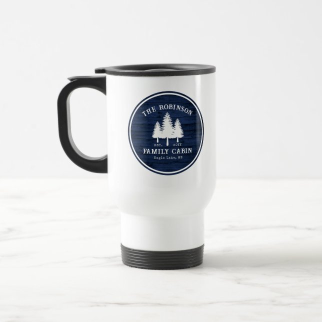 Rustic Country Family Cabin Trees Blue Wood Print Travel Mug (Left)