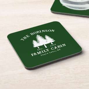 Rustic Country Family Cabin Trees Forest Green Beverage Coaster