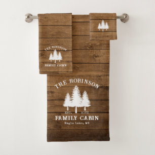 Rustic Country Family Cabin Trees Wood Plank Print Bath Towel Set