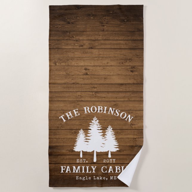 Rustic Country Family Cabin Trees Wood Plank Print Beach Towel (Front)