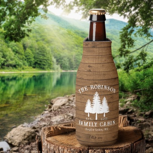 Rustic Country Family Cabin Trees Wood Plank Print Bottle Cooler