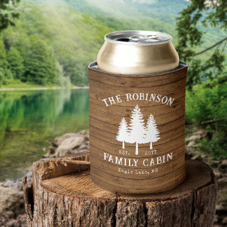 Rustic Country Family Cabin Trees Wood Plank Print Can Cooler