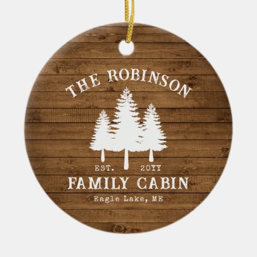 Rustic Country Family Cabin Trees Wood Plank Print Ceramic Ornament