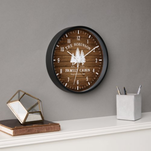 Rustic Country Family Cabin Trees Wood Plank Print Clock