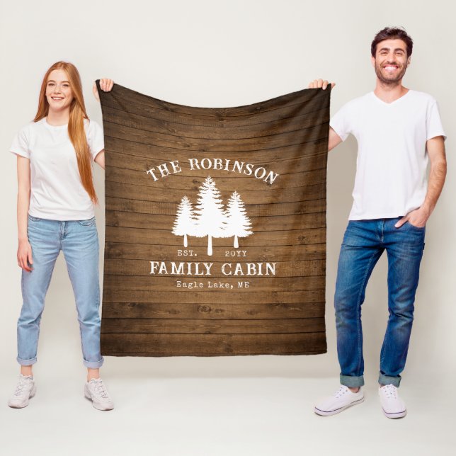 Rustic Country Family Cabin Trees Wood Plank Print Fleece Blanket (In Situ)