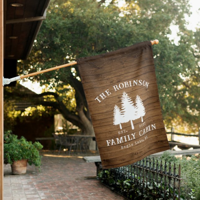 Rustic Country Family Cabin Trees Wood Plank Print House Flag (In SItu)