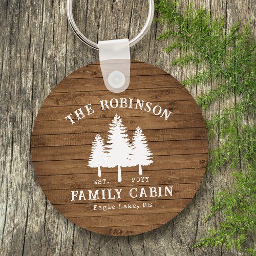Rustic Country Family Cabin Trees Wood Plank Print Keychain